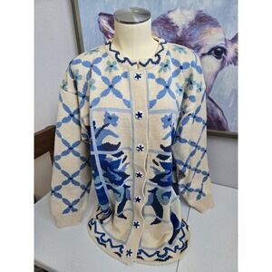 Christine Foley Women's VTG 3‎ Cream Blue Window Floral Birds Thick Knit Sweater